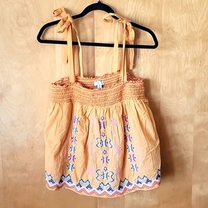 Rachel Zoe Embroidered Smocked Tie Shoulder Top